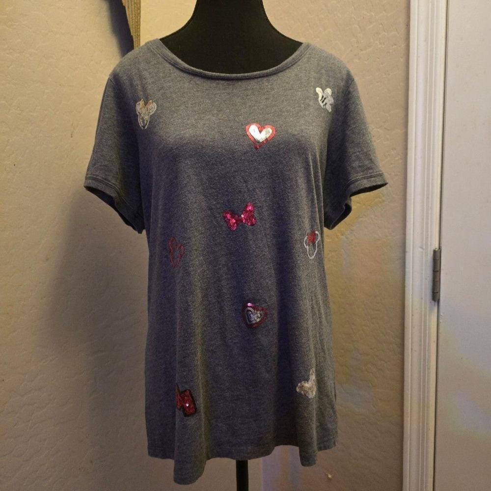 Disney Women's XL Gray Sequin Embellished Graphic Tee Hearts Butterfly